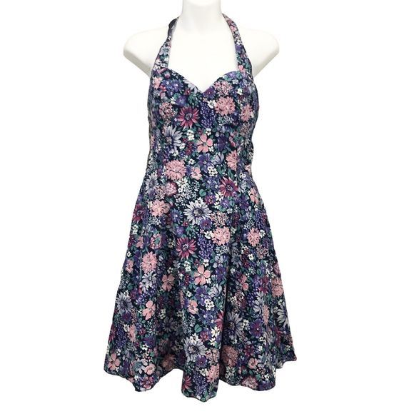 VINTAGE 70s - ROBERTA  Halter FLORAL DRESS Open Back 100%COTTON HALTER NECK SZ M - Picture 1 of 16